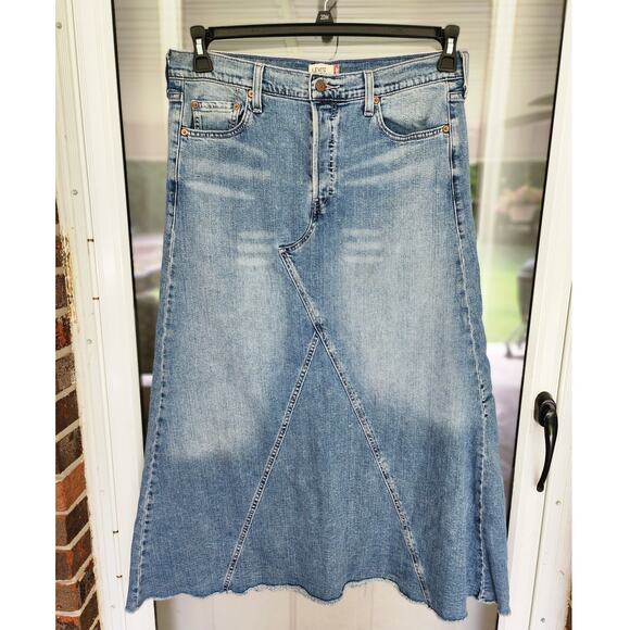 Levi's Dresses & Skirts - Vintage Y2K Levi's Size 11 Jr Blue Denim Long Button Fly A-Line Raw Hem Skirt